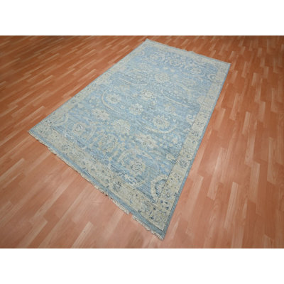 6'x9' Beau Blue, Cropped Low and Antique Finish, Sickle Leaf Design, Hand Knotted, 100% Wool, Zero Pile, Vegetable Dyes, Oriental Rug