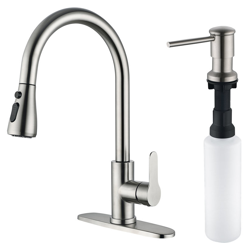 Stainless Steel Single-Handle Pull-Down Sprayer Kitchen Faucet with Soap Dispenser in Brushed Nickel