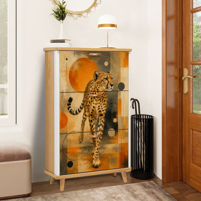 Shoe Storage Cabinet with 3 Flip Drawers Cheetah Motion Wildlife Art Abstract Geometric Orange Tones Slim Standing Shoe Rack Organizer Narrow Hidden Wooden Cupboard for Entryway Hallway Foyer Closet Apartment Small Space