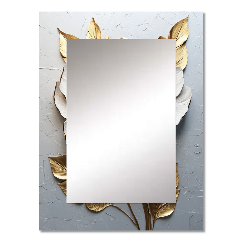 Pivoine fleurissant en or et blanc I - miroir mural décoratif pivoine, miroir doré, impression sur métal, 32 po x 24 po