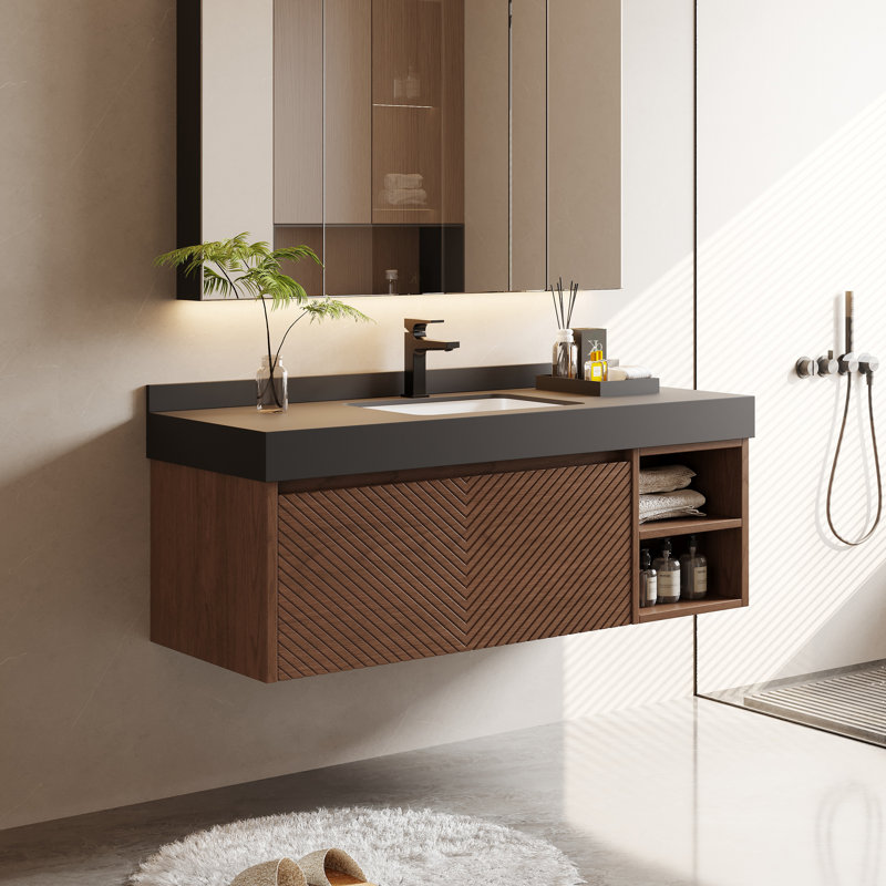 Ensemble de meuble-lavabo simple 48 po, 48 po, bois massif brun, plateau de table en pierre noire, 2 tiroirs