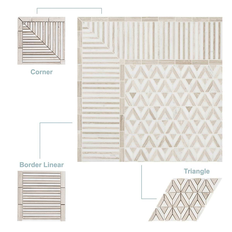 Monroe 8x8 Triangle Polished Marble Mosaic Tile, Beige/White