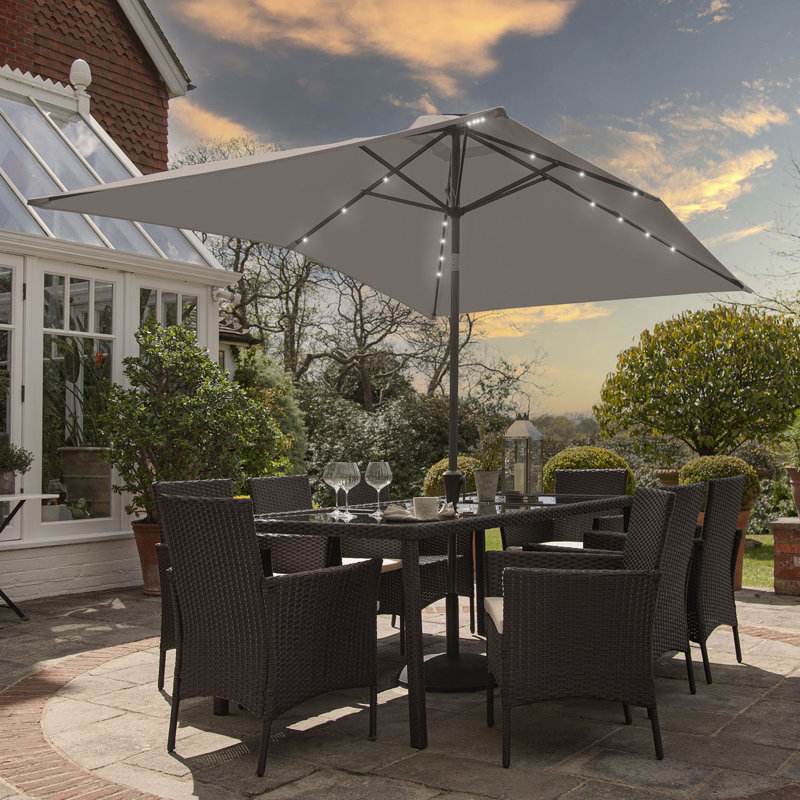 Ahmid 8 Seater Rattan Garden Dining Set with Cream LED Premium Parasol & Cover, Black, Grey