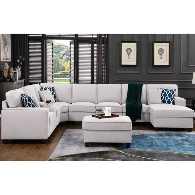 Canapé modulaire rembourré 9 pièces avec 6 coussins décoratifs, revêtement en lin gris, rembourrage en mousse, support pour porte-gobelet, coussins de dossier amovibles pour un nettoyage facile, réarrangement des chaises sans accoudoirs,