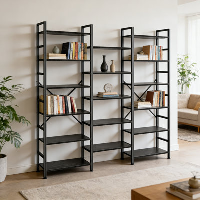 Triple Bookshelf, 6 Tier Bookcase With Steel Frame, Wide Book Shelf Book Case For Home & Office, 17 Open Display Shelves