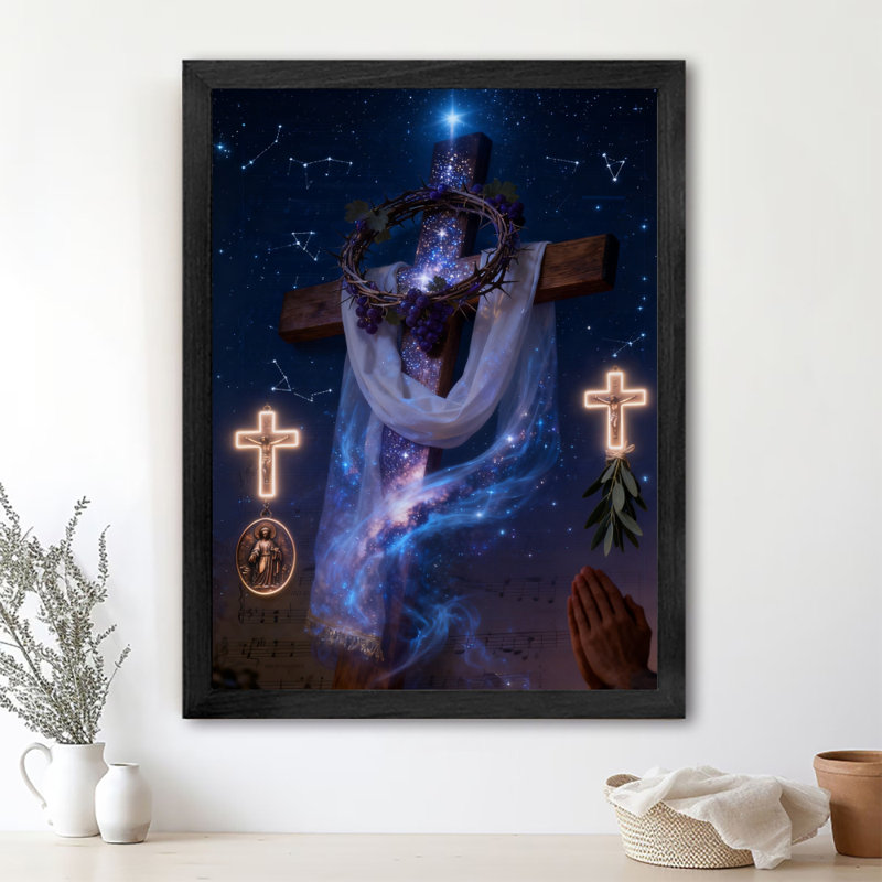 «Black Prayed Vintage Prayer with a Cross Atmosphere», reproduction d'art encadrée de style rétro, H 11 po x l 9 po