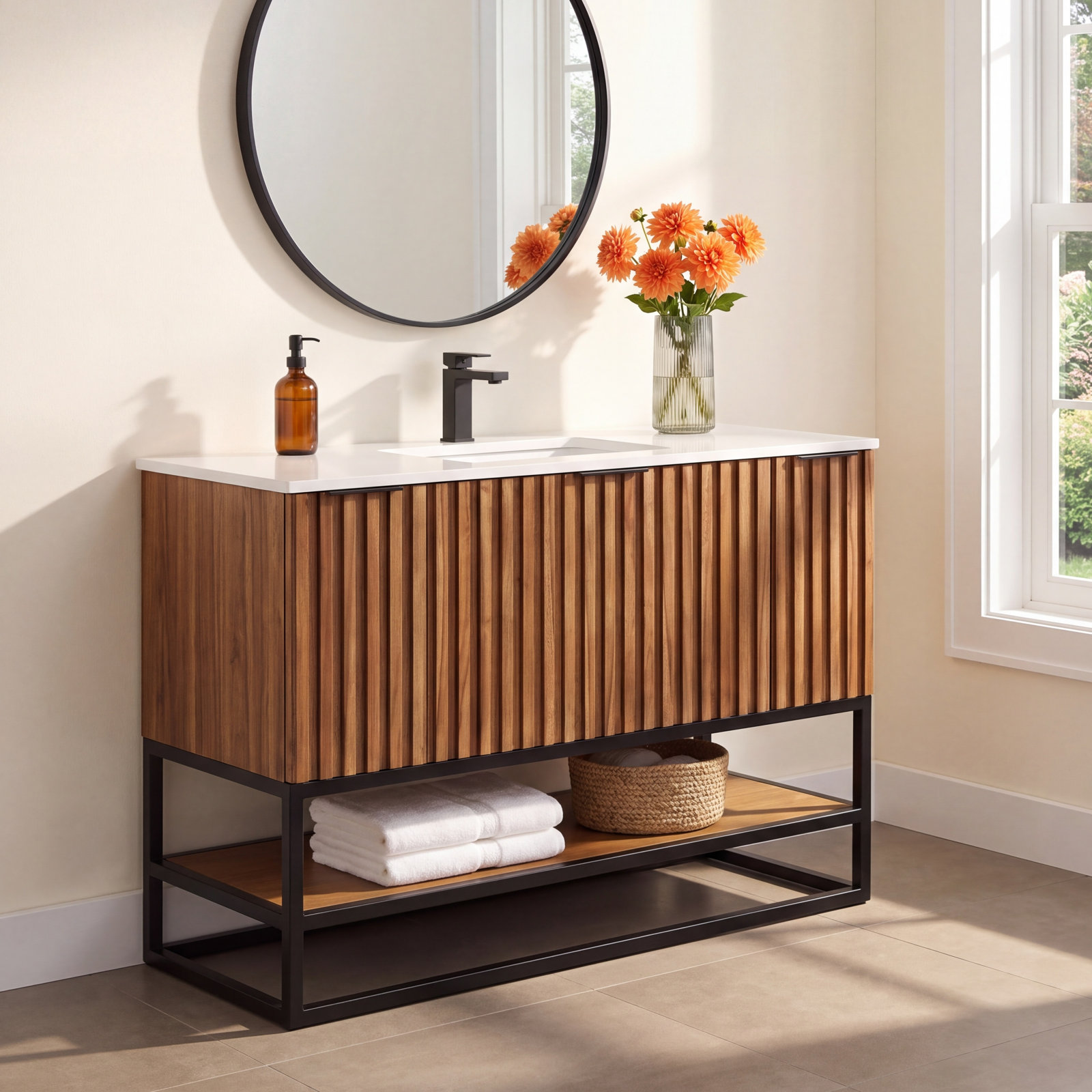 Terra 48" Carrara Marble Single Bathroom Vanity, White Quartz/Single Faucet Mount, Walnut, Matte Black