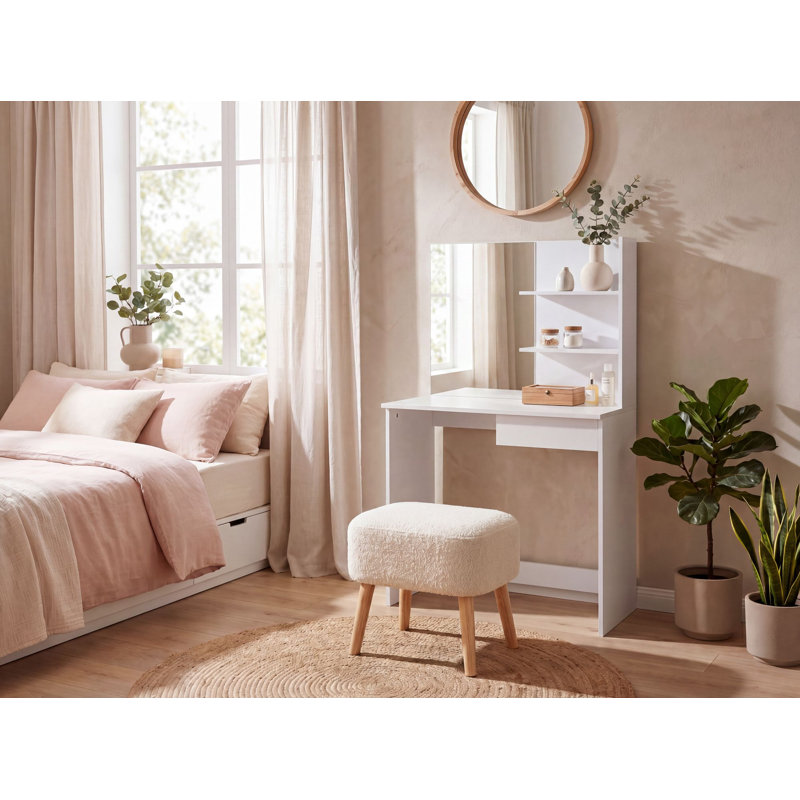 Modern White Dressing Table with Mirror, Drawer & Shelf, Large Make-Up Table