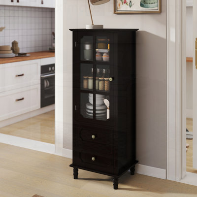 Grande armoire de rangement avec porte en verre et 2 tiroirs, buffet autoportant étroit avec tablettes réglables pour un décor campagnard
