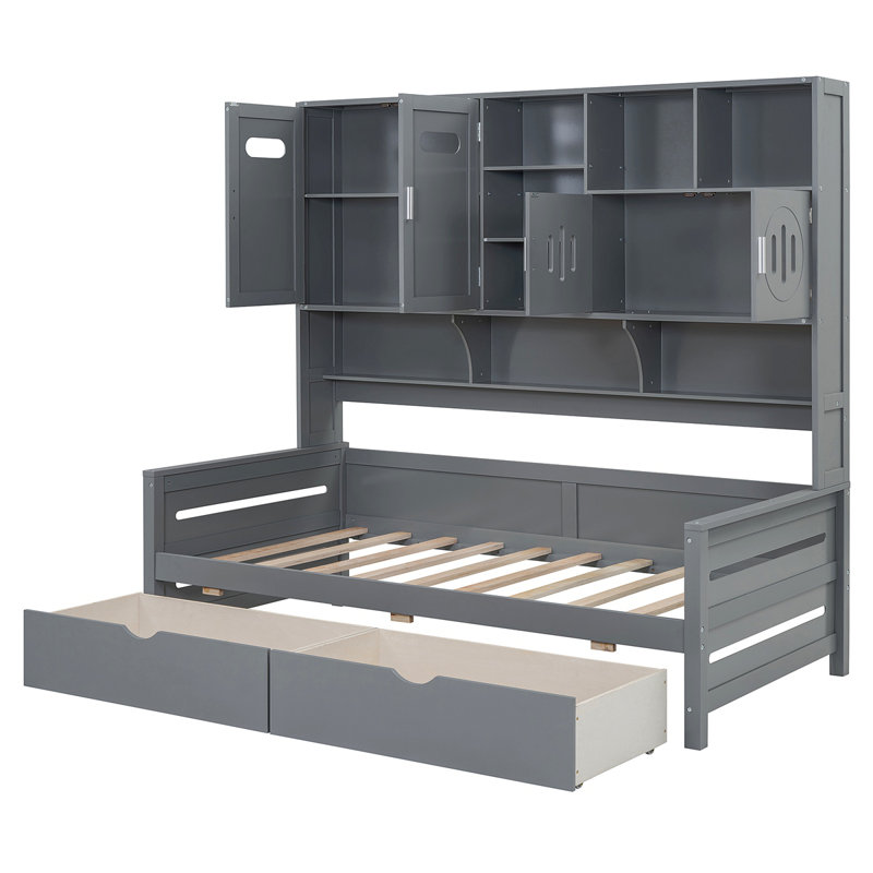 Lit de jour en bois avec 2 tiroirs, armoire et tablette tout-en-un, Lit simple, Gris