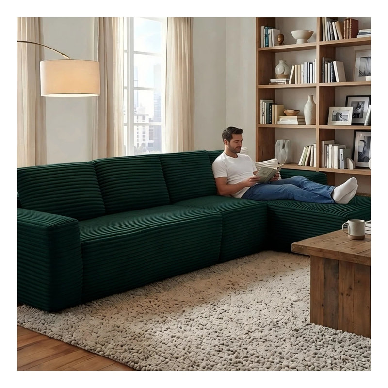 Canapé modulaire en forme de L de 134 po avec ressorts ensachés et minimaliste, vert, Green Corduroy, Right Hand Facing