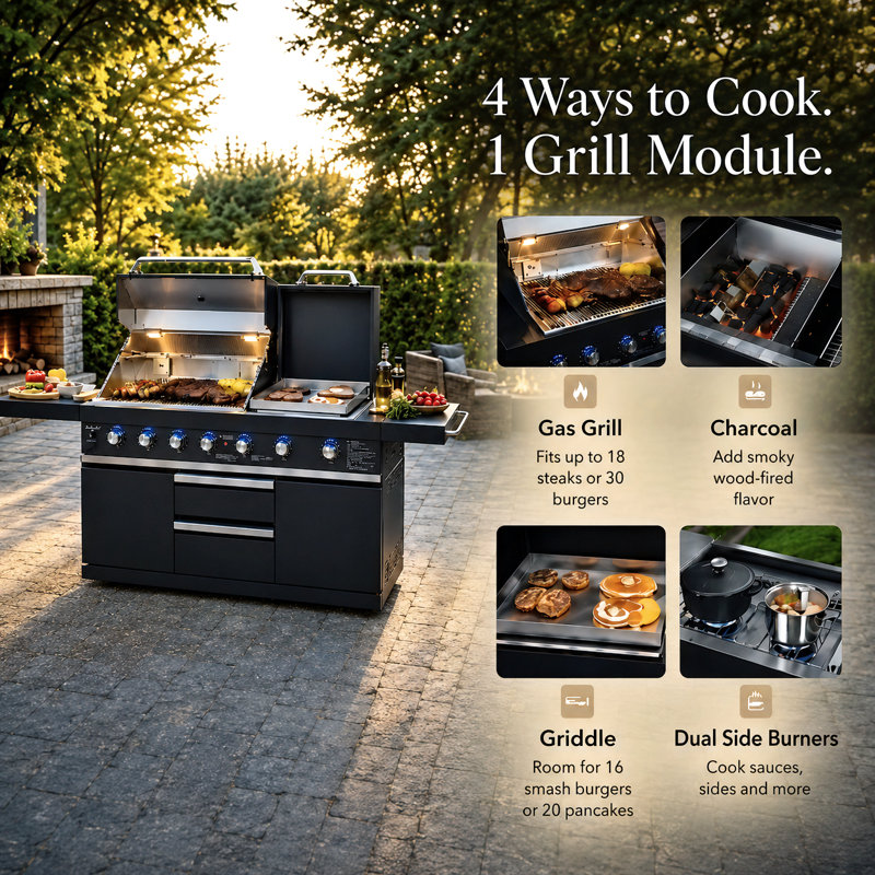 Barbecue au gaz modulaire Akoah avec plaque chauffante et brûleurs latéraux dédiés, plateau à charbon et roues