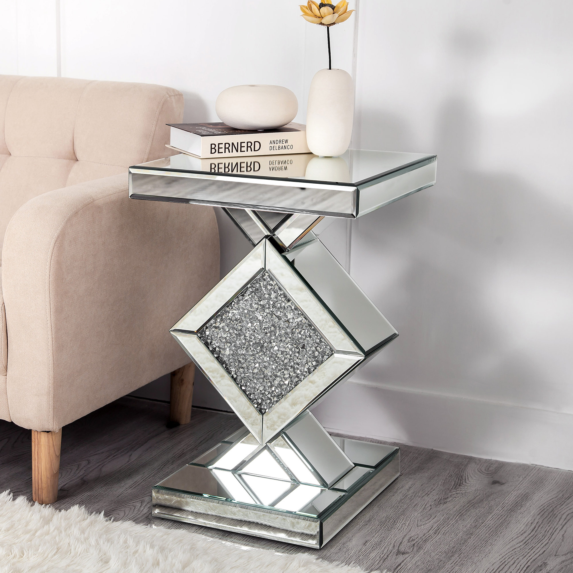 Everly Quinn Amla 24'' Tall Pedestal Mirrored End Table with Crystal