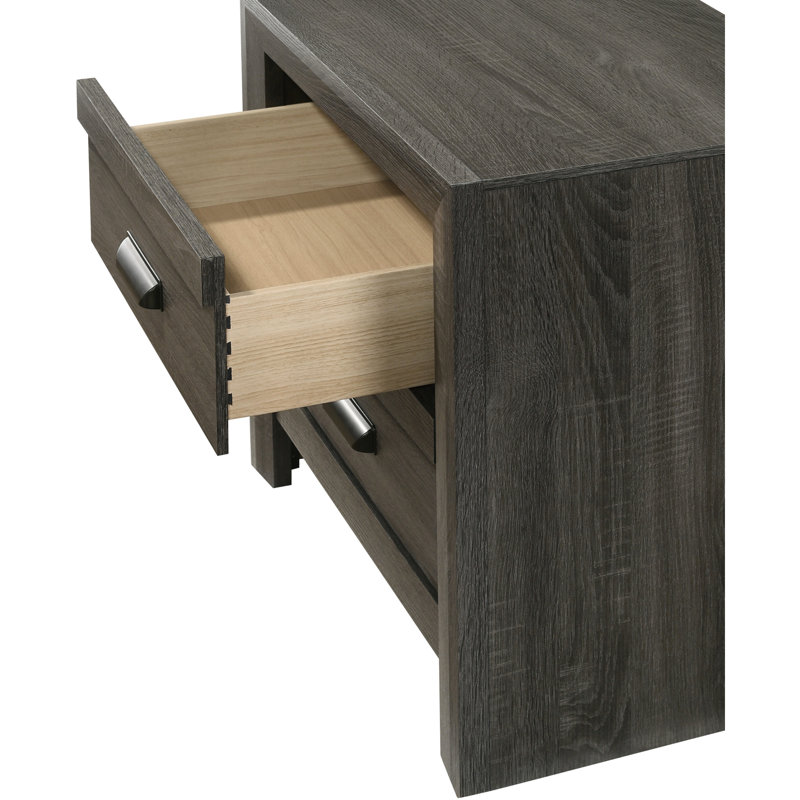 Table de chevet grise à finition rustique avec deux tiroirs, poignée en métal, table de chevet décorative contemporaine, finition, bois