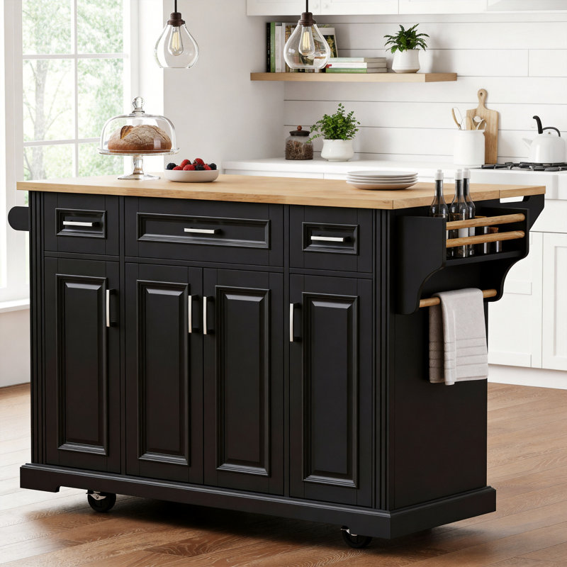54.2-Inch Large Kitchen Island, Rubberwood Folding Countertop, Embossed Texture, 4-Wheel Movement, 4 Doors, 3 Drawers, Storage, Suitable For Kitchen And Dining Areas, Black.