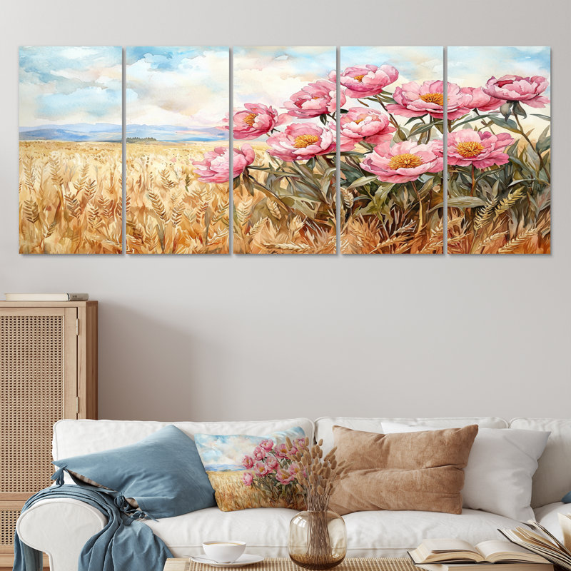 Pivoines dans le champ de blé - Art mural traditionnel pour le salon, H 28 po x l 60 po, 5