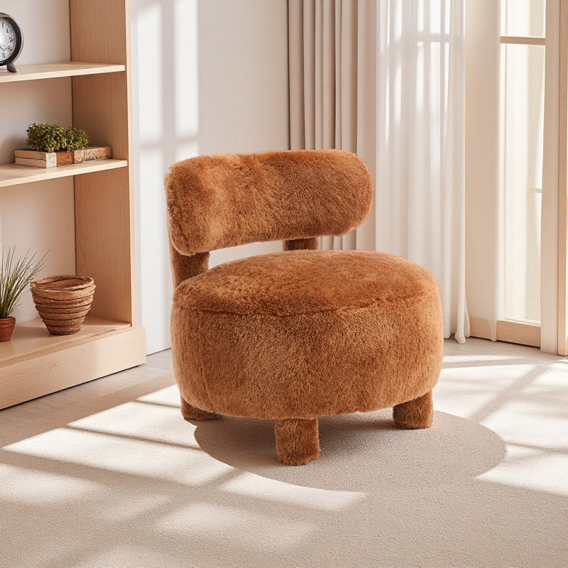 Chaise d'appoint sans accoudoirs avec dossier incurvé et pieds rembourrés en bois massif, Fausse fourrure kaki