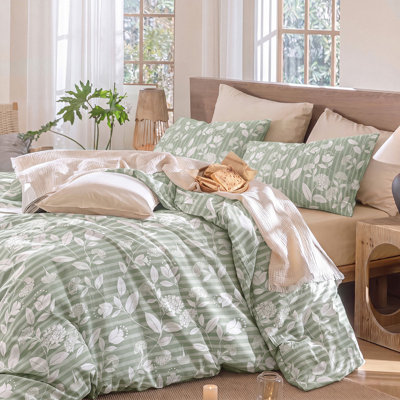 Green Floral Comforter Set Queen Size, Sage Green Leaf Floral Stripe Bedding Set, 3 Pieces 100% Cotton Comforter with 2 Pillowcases, Soft Lightweight Botanical Bedding Set All Seasons