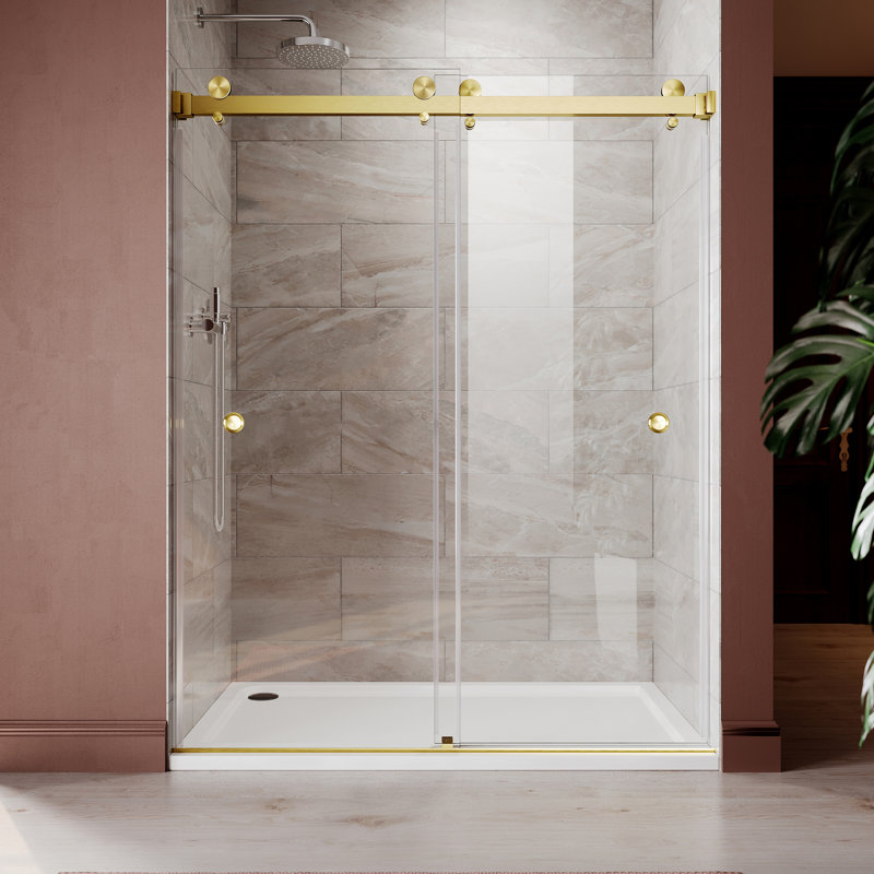 Royal 56 to 60 in. x 76 in. H Frameless  Double Sliding Shower Door with Two Finger Pulls in Satin Brass and 3/8 in. (10mm) Clear Glass