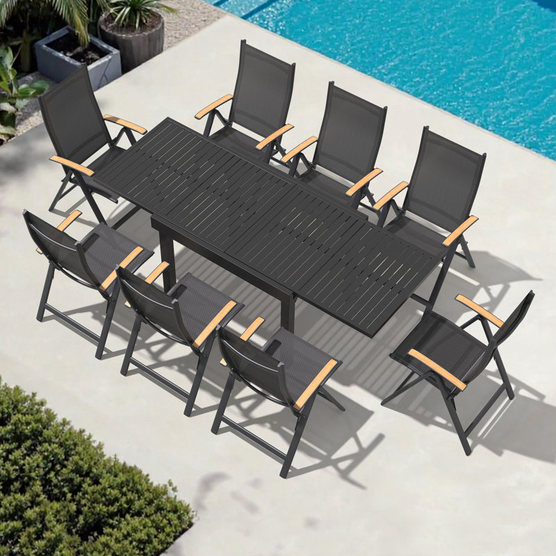  Ensemble de salle à manger pour 8 personnes en aluminium avec table extensible et fauteuils inclinables pliés, 8 Personnes