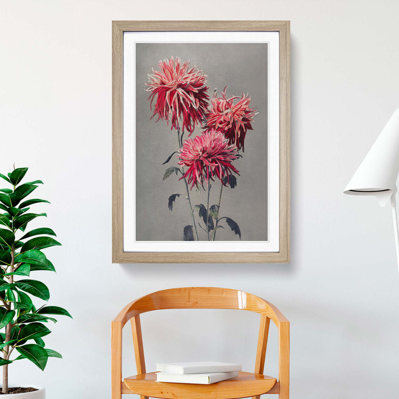 Fuscia Pink Chrysanthemums by Ogawa Kazumasa - Picture Frame Painting Print, 65cm H x 48cm W x 2cm D, Oak Framed
