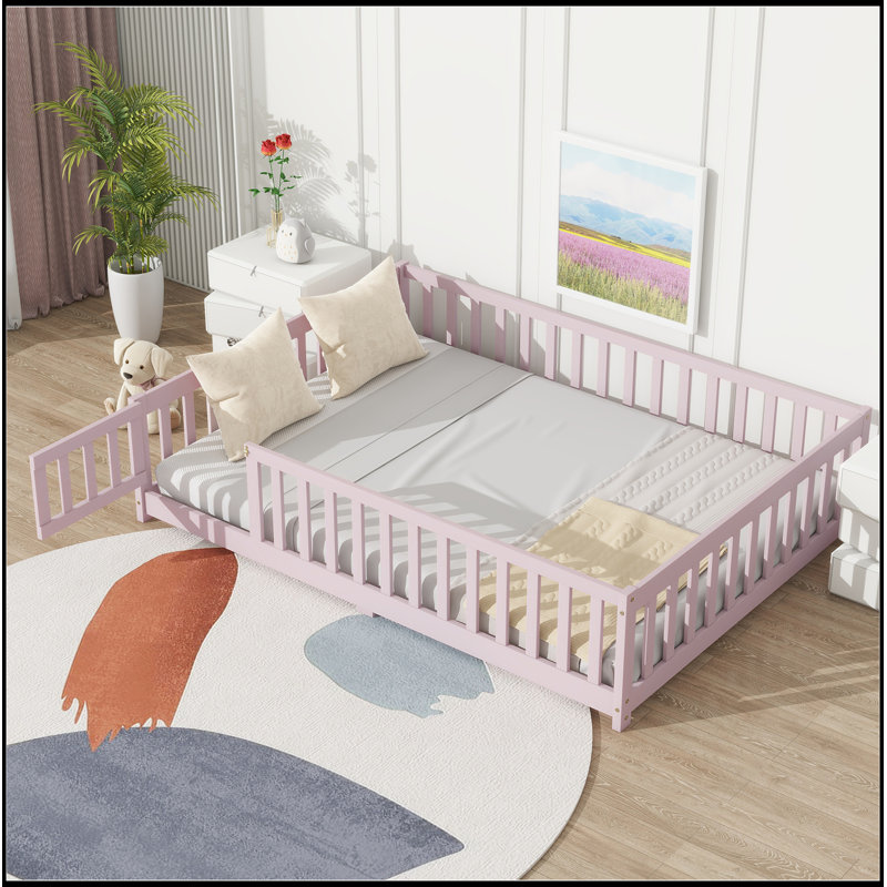 Full Size Floor Bed With Fence And Door,Rubber Wood Floor Bed With Safety Guardrails,Pink, Full, Pink