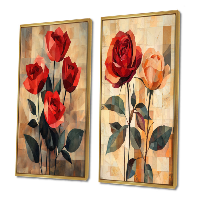 «Red Velvet Geometric Rose Passion I», collection de 2 panneaux d'art sur toile florale, Cadre flottant doré