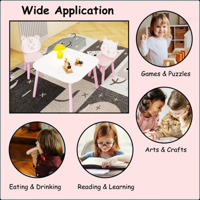 Kids Table and Chair Set, 3-Piece Wooden Toddler Desk with Animal Backrest for Drawing, Learning, and Playroom Activities