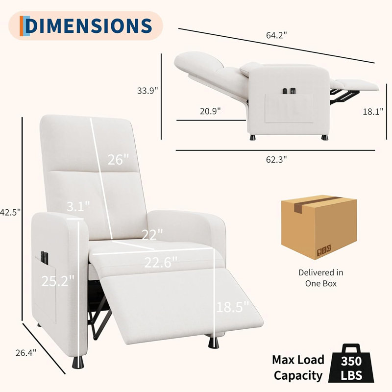 Fauteuil inclinable électrique, avec 2 poches latérales et port USB, Blanc
