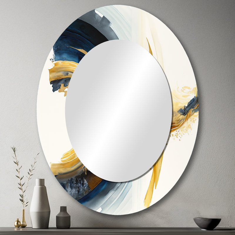 Bleu et or tourbillon abstrait III - miroir décoratif ovale abstrait sur métal, 43 po x 33 po