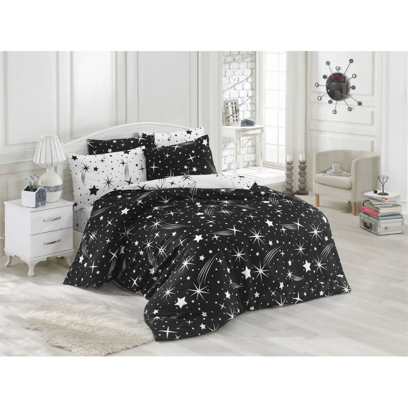 Ensemble de housse de couette en mélange de coton blanc / noir Bosley, Housse de couette double + 2 taies d'oreiller 31 p