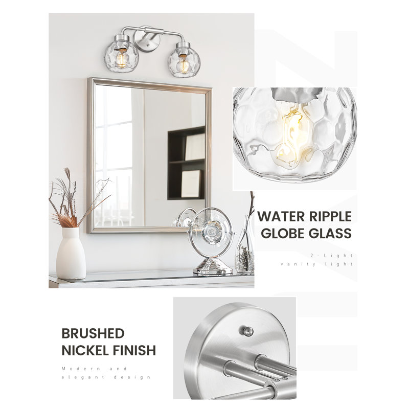 Éclairage pour meuble-lavabo de salle de bain 2 lumières avec verre globe ondulé, nickel brossé, Deux lumières, Nickel brossé