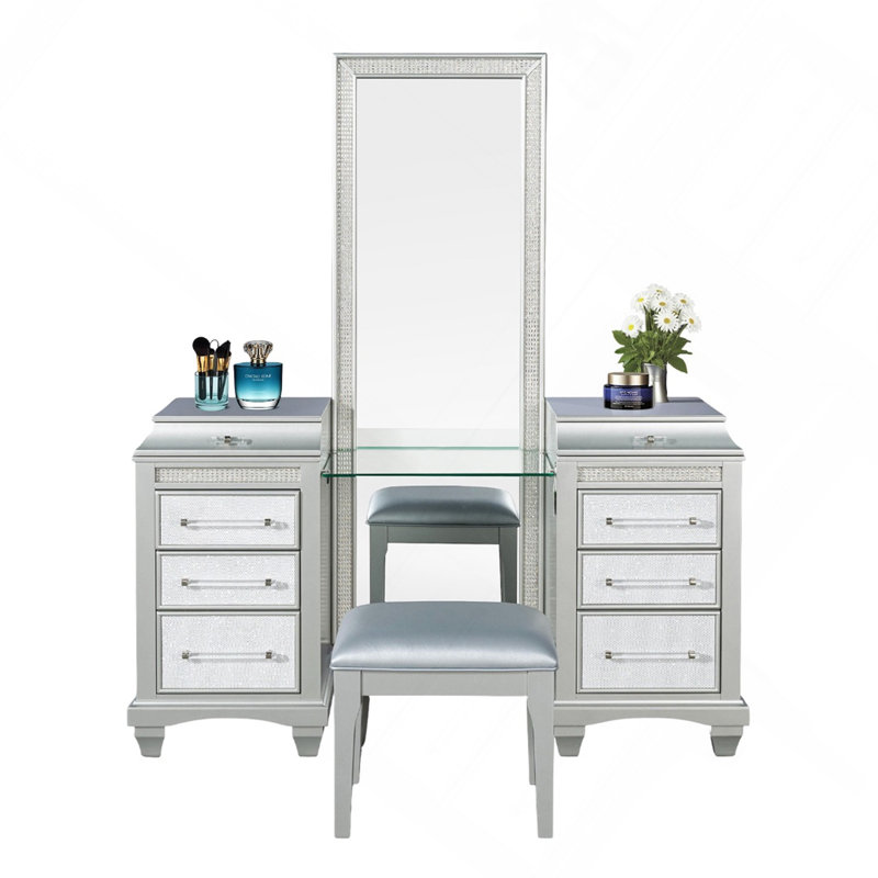 Ensemble de meuble-lavabo avec tabouret avec poignées en acrylique et tiroirs à roulement à billes