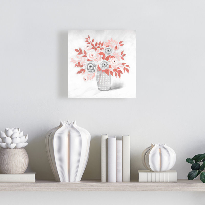 Corail, fleur, illustration, feuilles, toile grise - Home Decor Art