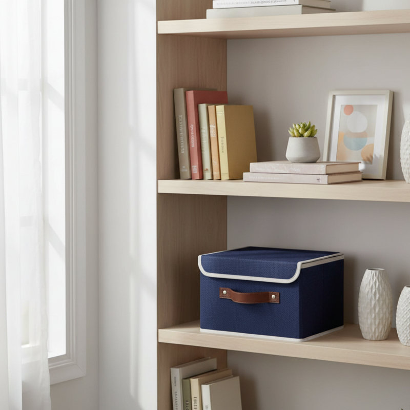 Large Blue Home Storage Box, Lidded & Collapsible, PU Handle PP Board Linen Material Storage, Blue