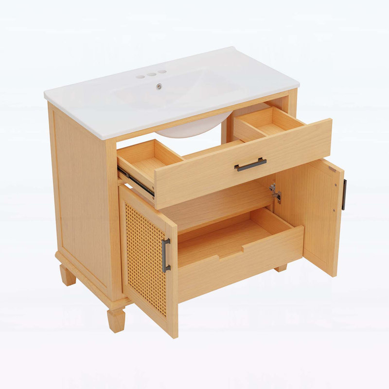 Meuble-lavabo 36 po avec lavabo en céramique, 2 portes à fermeture douce et 3 tiroirs, Naturel