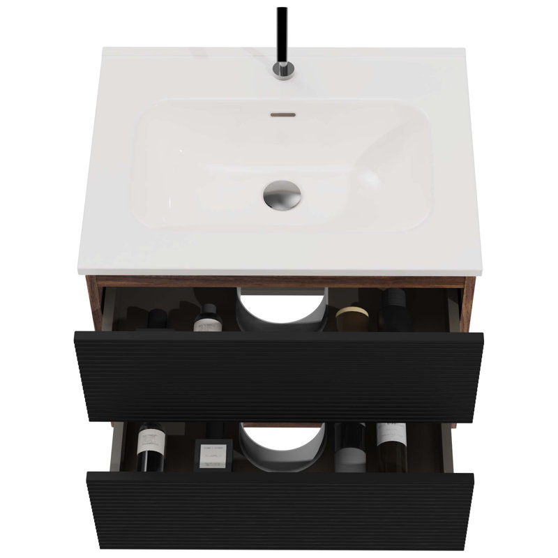 Meuble-lavabo mural brut avec lavabo en céramique intégré avec trop-plein, grand meuble-lavabo flottant de rangement pour salle de bain moderne, pré-assemblé