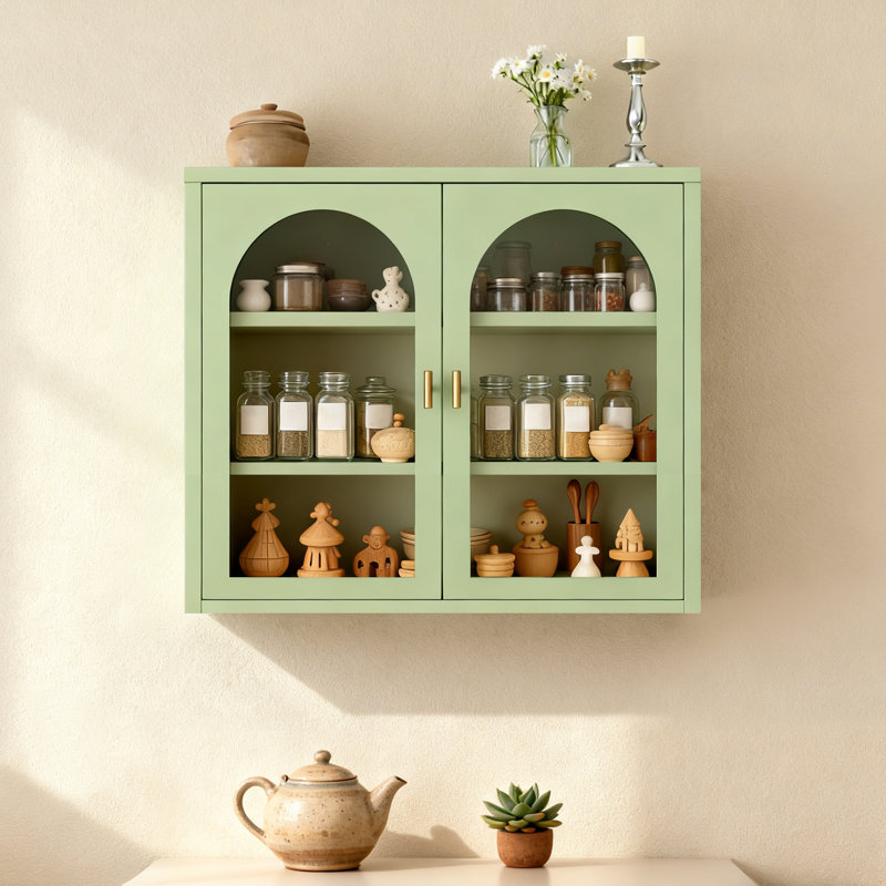 Metal Wall Cabinet With Semi-Arch Glass Doors, 3-Tier Wall Mounted Storage Cabinet With Detachable Shelves Modern Medicine Cabinet For Kitchen Bathroom Living Room, Green