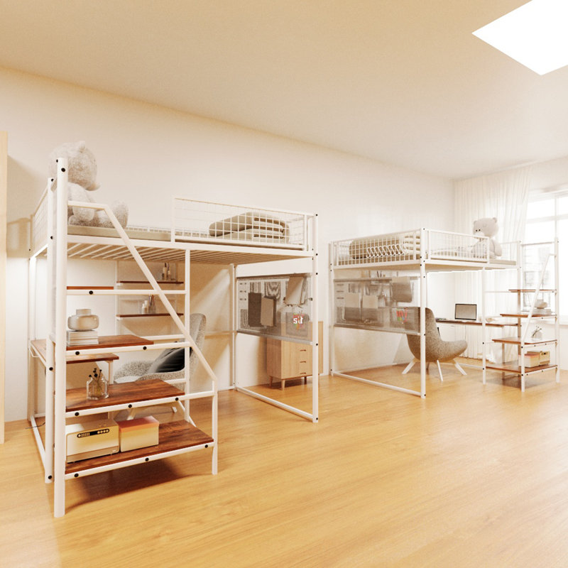 Full Size Loft Metal Bed For Bedroom And Dormitory, With Built-In Charging Station And LED Lighting, Full, White