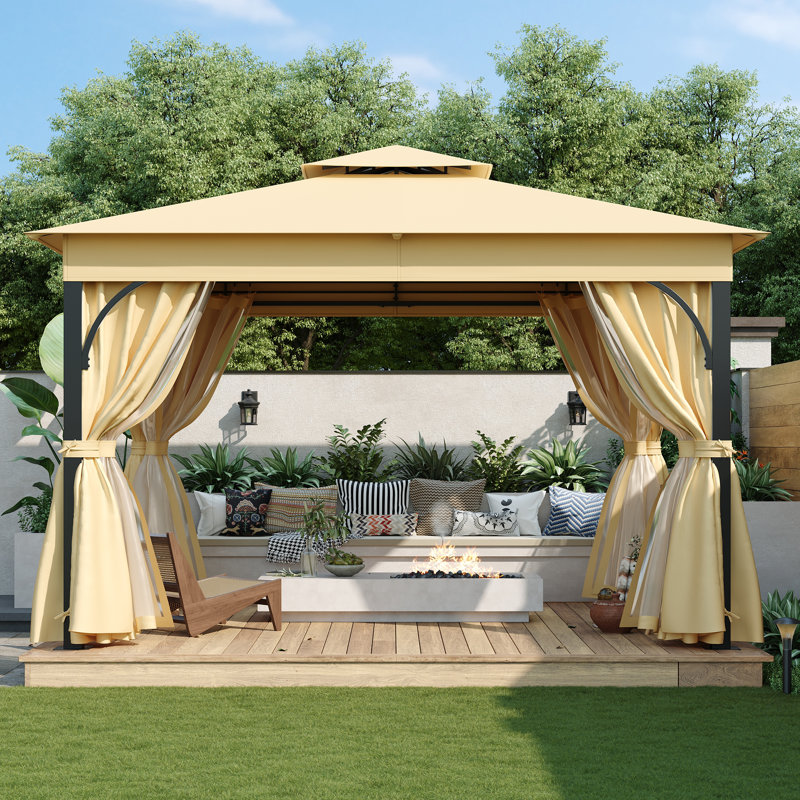 Pavillon de jardin extérieur 10 pi x 12 pi Roomfitter avec toits doubles, auvent, moustiquaire et écrans d'intimité pour l'ombre ou la pluie, beige