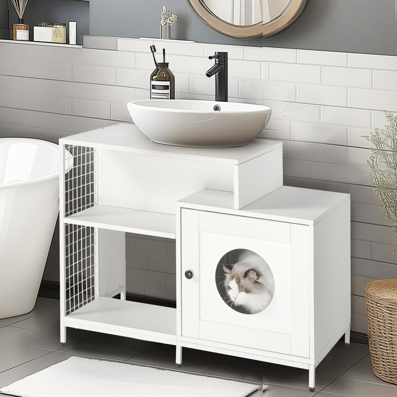 Toilette cachée pour litière pour la salle de bain, chat blanc avec rangement, grand chat, sous évier, armoire à panneaux de particules P2, cloison de salle de bain, créé