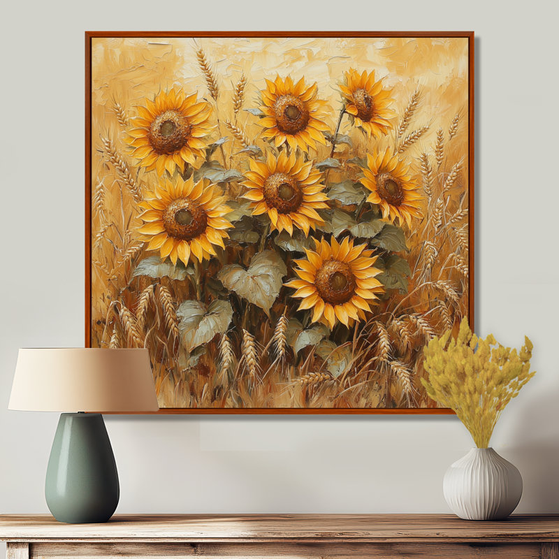 «Dreyvin Sunflowers In The Wheat Barnyard VII», art mural tournesols, Impression encadrée flottante, Brun, H 30 po x l 30 po