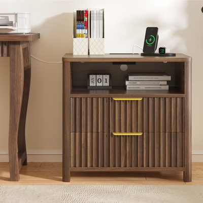 Table de chevet moderne en bois avec 2 tiroirs, station de recharge et tablette ouverte, 58 cm de largeur