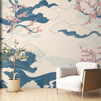 Oriental Blue Wave & Cherry Blossom Wallpaper, Japanese Style Cloud Pattern Wall Mural, Elegant Asian Floral Design For Bedroom Nursery Living Room