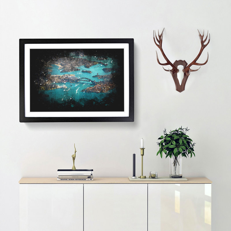 Birds Eye View Of Sydney Australia Paint Splash - Framed Print, Black Framed, 24cm H x 33cm W x 2cm D