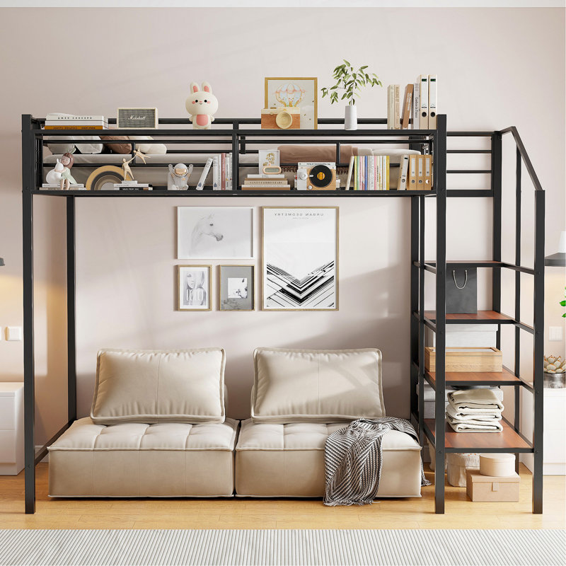 Lit mezzanine simple en métal avec tablette supérieure et échelle de rangement latérale, Noir