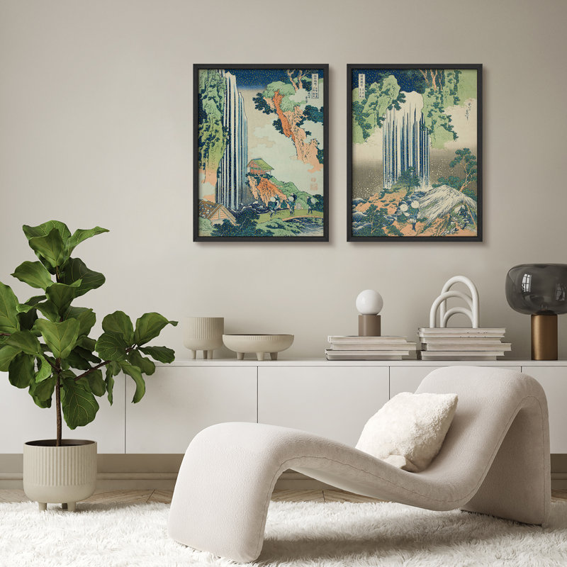 Ensemble de 2 cascades murales japonaises encadrées - Impressions traditionnelles de style Ukiyo-e pour le décor d'un salon ou d'un bureau