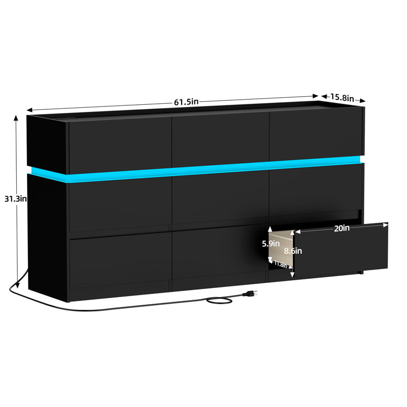 9 Drawer Dresser With Charging Station & LED Light, 61.5" W, Black