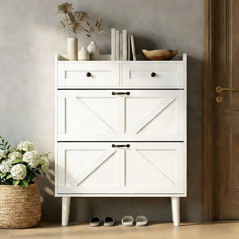 41.5“” Shoe Cabinet with 2 Flip Drawers & 2 Top Drawers for Entryway, Freestanding Narrow Shoes Storage Rack, White