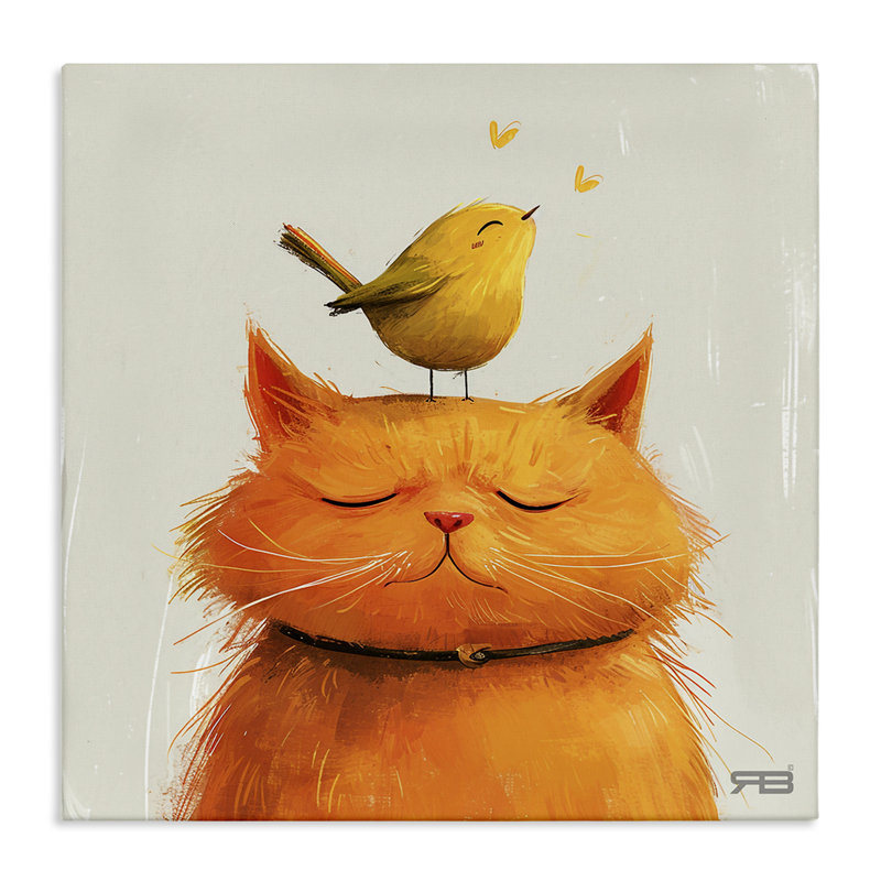 Oiseau perché sur un chat, art mural par Roozbeh Bahramali, H 24 po x l 24 po